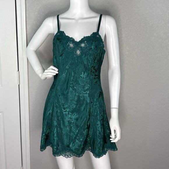 Vtg Y2k Victoria’s Secret Babydoll Silky Slip Dress Emerald Green Fairy Grunge - Picture 2 of 6